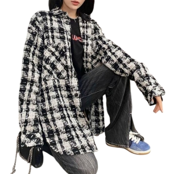 Charlie Luciano Tweed Over Shirt Black And White Plaid Button-Up With Front Sz M - Picture 2 of 10